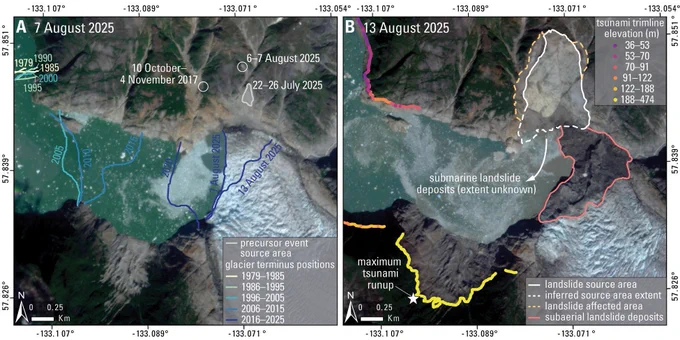 Before and after satellite imagery showing locations and extent of the August 10, 2025 landslide. South Sawyer Glacier terminus positions since 1979 and the locations of three precursory slope failures since 2017 are also shown. In panel B, the white line indicates the main landslide, while the dashed yellow delineates the additional landslide-affected area. The pink line indicates the area of landslide deposition on top of the glacier. Coloured dots (which are close enough together that they look like a line) represent the tsunami runup. Source: Planet Labs.