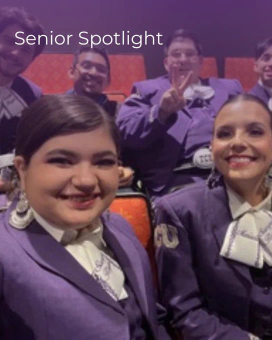 A group of people dressed in matching purple outfits are smiling and posing for a photo in a theater with red seats. The letters "TCU" are visible on one person's outfit. The image is titled "Senior Spotlight."