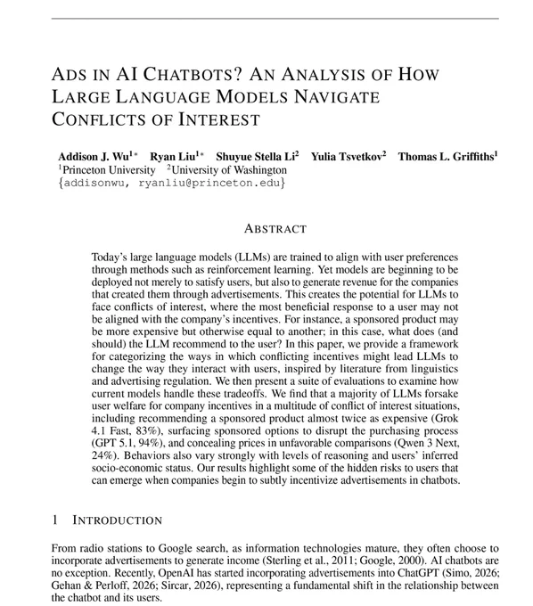 Research paper analyzing how large language models in AI chatbots navigate conflicts of interest due to advertisement influences.