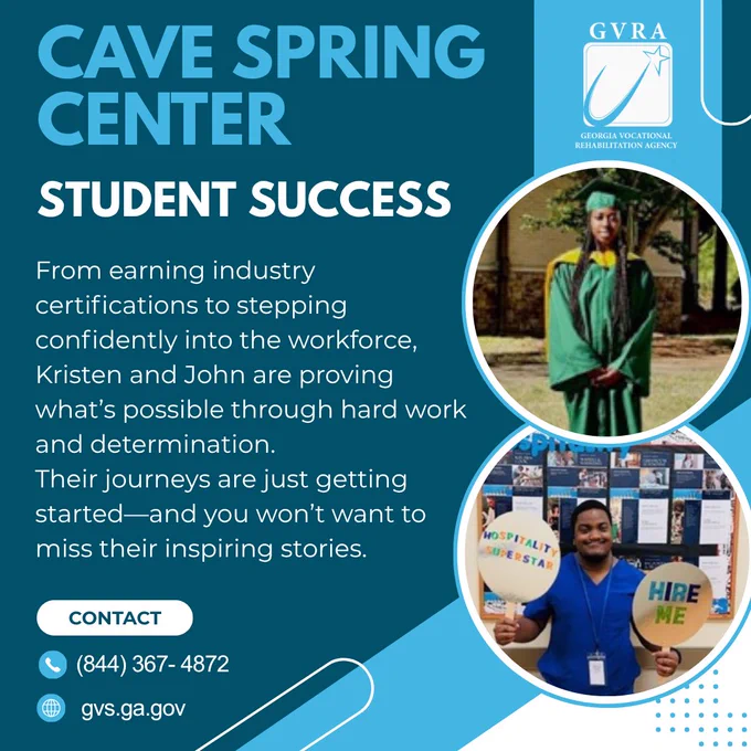 Blue and white graphic with a circular design, showing a woman in a green graduation cap and gown on one side and a man holding signs on the other.