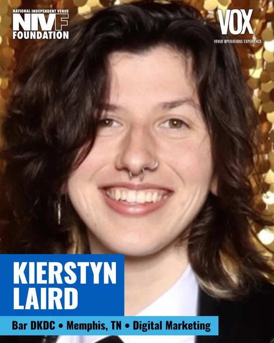 Close-up portrait of Kierstyn Laird with a bright smile, featuring text about their role in digital marketing at Bar DKDC in Memphis, TN. The background has a festive gold theme.