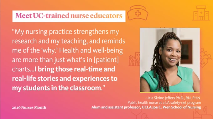 This image features a graphic saying "Meet UC-trained nurse educators" with a quote: “My nursing practice strengthens my research and my teaching, and reminds me of the ‘why.’ Health and well-being are more than just what's in [patient] charts… I bring those real-time and real-life stories and experiences to my students in the classroom.” A photo of Kia Skrine Jeffers, PhD, RN, PHN, is displayed, identifying them as a public health nurse and assistant professor at UCLA's School of Nursing. The background is a gradient of pink and orange. Text includes "2026 Nurses Month.
