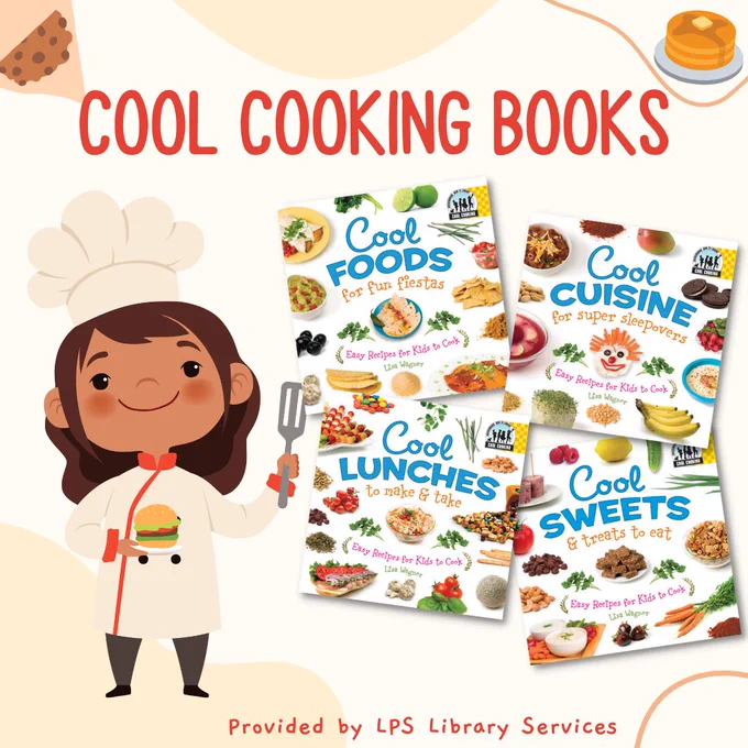 The image shows several illustrated book covers about cool cooking, foods, cuisines, lunches, and sweets. A young, smiling person in a chef's outfit is featured prominently.