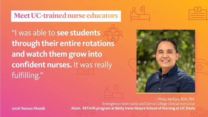 This image features a graphic about UC-trained nurse educators. It includes a quote about the fulfillment of mentoring nursing students. A smiling person is shown next to the quote, with a blurred background of greenery. The text highlights their role as an emergency room nurse and alum of the Betty Irene Moore School of Nursing at UC Davis.
