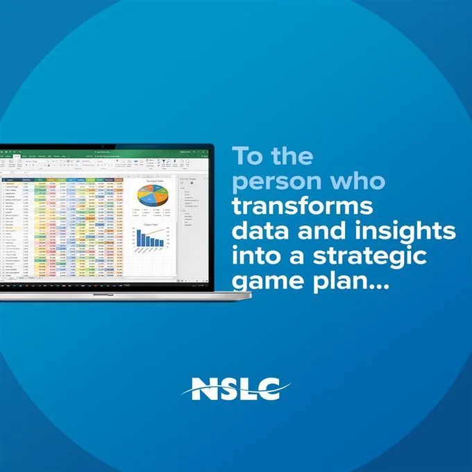 An image of a laptop, on the screen is an Excel document with data. Next to the image is the text, To the person who transforms data and insights into a strategic game plan...