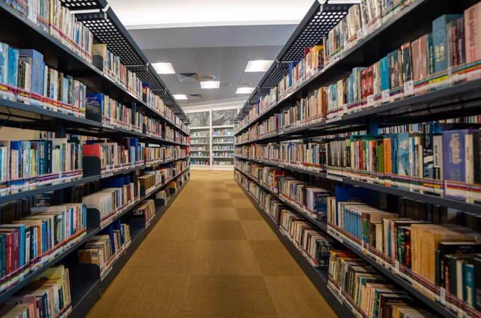 Library shelves lined with books