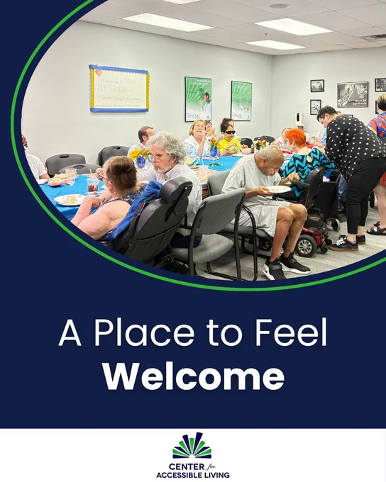 CAL's Louisville community space filled with people at an event with text reading 'a place to feel welcome.'