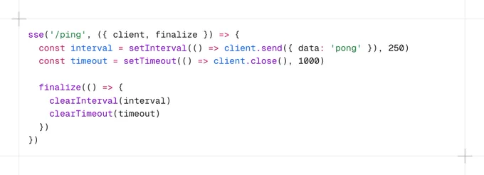 Code snippet for managing server-sent events using `setInterval` and `setTimeout`, including cleanup function for resource management.
