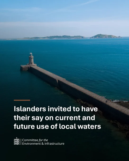 Image of castle breakwater and Herm
Text on image says: Islanders invited to have their say on current and future use of local waters