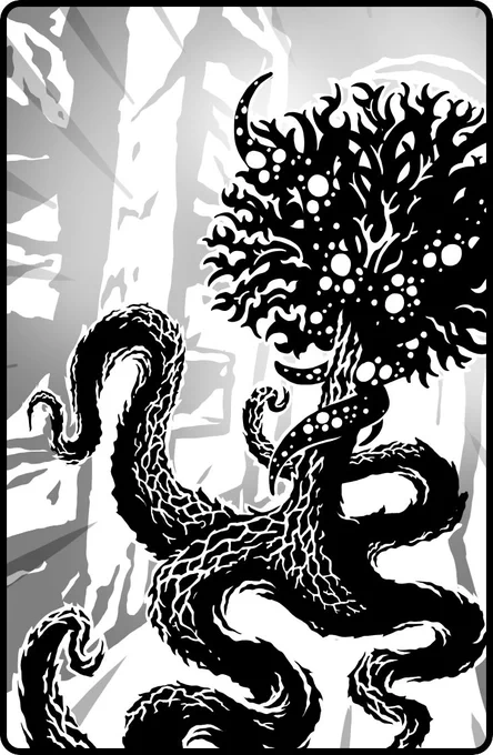 Ink drawing of the Luring Candle, a Lovecraftian horror creature. It has a floating coral-like head with a scaly trunk, four twisted vein-covered tentacles, and a faintly glowing foliage. Deep-sea bioluminescent monster lurking in a dark crypt