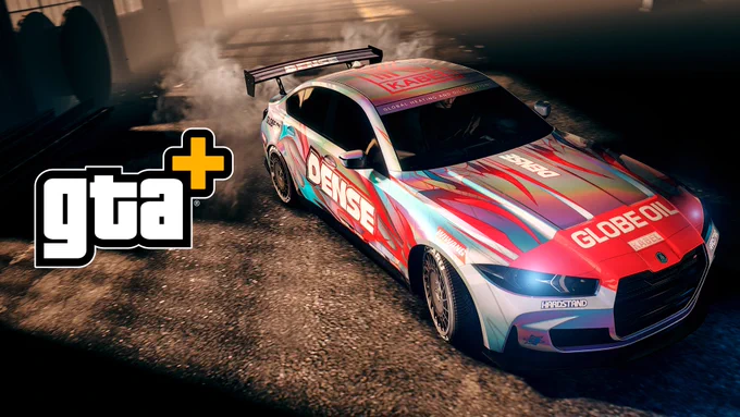 An \u00DCbermacht Sentinel GTS car drives fast, leaving a trail of smoke. 