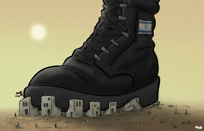 Cartoon showing a giant military boot with the flag of Israel on it. Caught between the relief in the sole are ruined buildings. People live inside the buildings and stand outside, looking up at the giant boot. A Palestinian flag hangs from one of the widows.