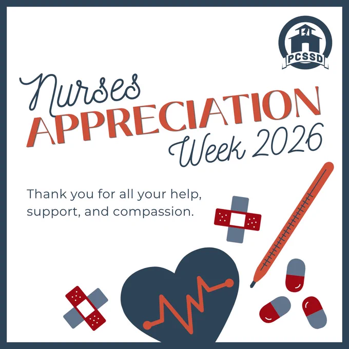 A colorful Nurses Appreciation Week 2026 graphic with medical‑themed illustrations including bandages, pills, a thermometer, and a heart with an EKG line. Large text reads “Nurses Appreciation Week 2026,” and a message below says, “Thank you for all your help, support, and compassion.” The PCSSD logo appears in the top right corner.