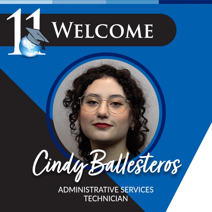 Welcome graphic for Cindy Ballesteros. A professional headshot is centered on a blue background with white and black triangles to the sides. 