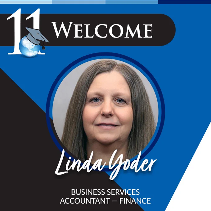 Welcome graphic for Linda Yoder. A professional headshot is centered on a blue background with white and black triangles to the sides. 
