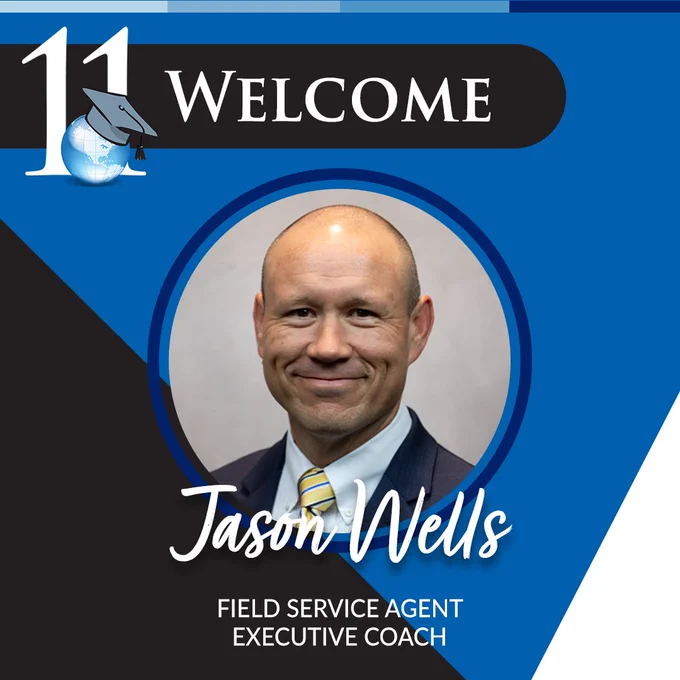 Welcome graphic for Jason Wells. A professional headshot is centered on a blue background with white and black triangles to the sides. 
