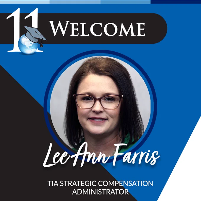 Welcome graphic for Lee Ann Farris. A professional headshot is centered on a blue background with white and black triangles to the sides. 