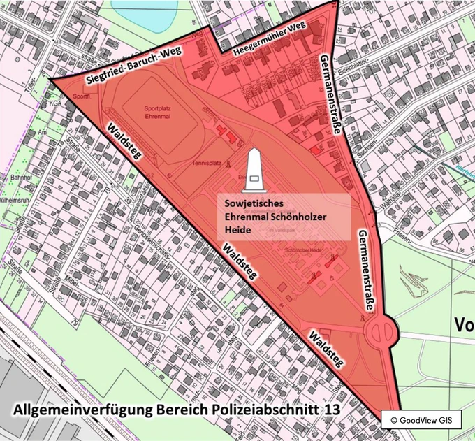 Von der Allgemeinverfügung umfasster Bereich im Schönholzer Heide. Eingezeichnet auf einer Karte.