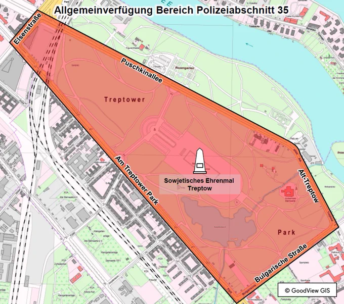 Von der Allgemeinverfügung umfasster Bereich im Treptower Park. Eingezeichnet auf einer Karte.