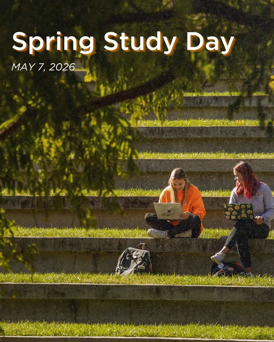 Two people sitting on grassy steps outside, using laptops. The scene is titled "Spring Study Day, May 7, 2026." Trees frame the top of the image.
