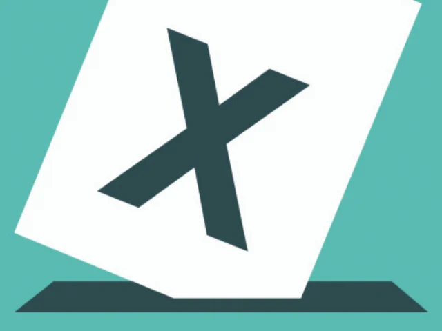 A graphic of a ballot paper with an 'X' mark being placed into a ballot box.