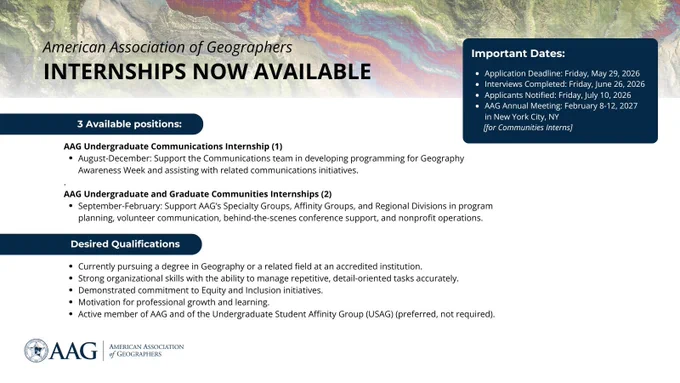 A structured infographic‑style announcement promoting internships from the American Association of Geographers. The design uses navy accents, white space, and a soft map illustration. Headings highlight three open positions, followed by short descriptions of duties such as supporting awareness week programs and working with student groups. Below, a set of bullet points lists qualities like strong communication, organization, and interest in geography. Important deadlines appear in another list, including application and interview dates. 