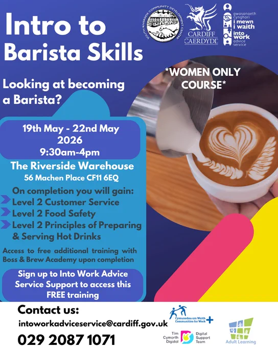 A poster showing information about a women only intro to barista skills workshop in May 2026.