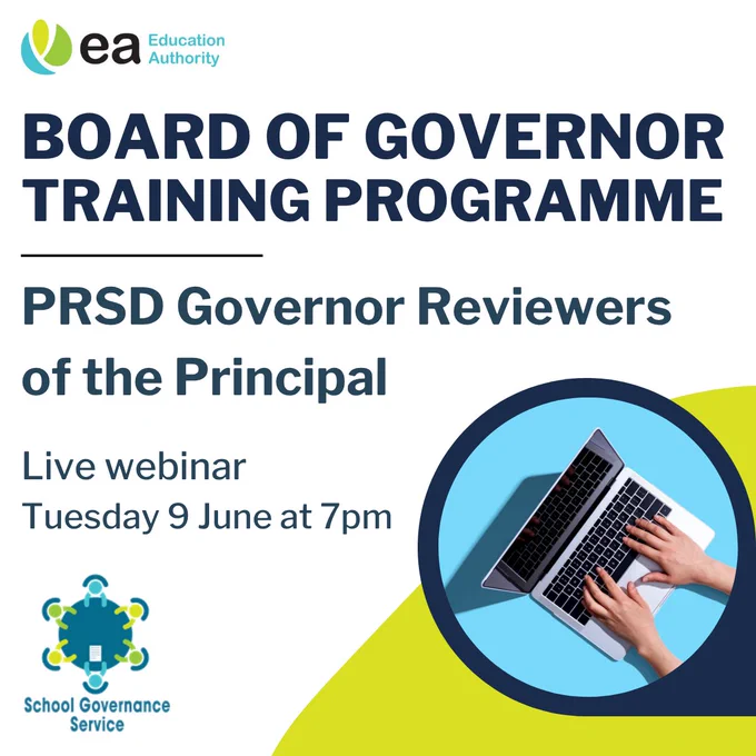 Hands typing on a laptop keyboard inside a circular frame with text about a Board of Governor Training Programme webinar on June 9 at 7pm.