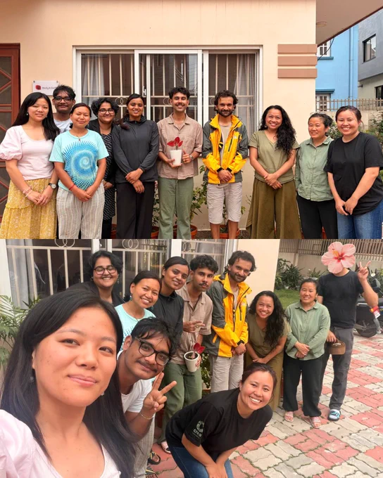 A horizontal collage of two images where a group of people are posing for the camera. The upper image is a zoomed out view of group of people and the lower image is a group selfie.