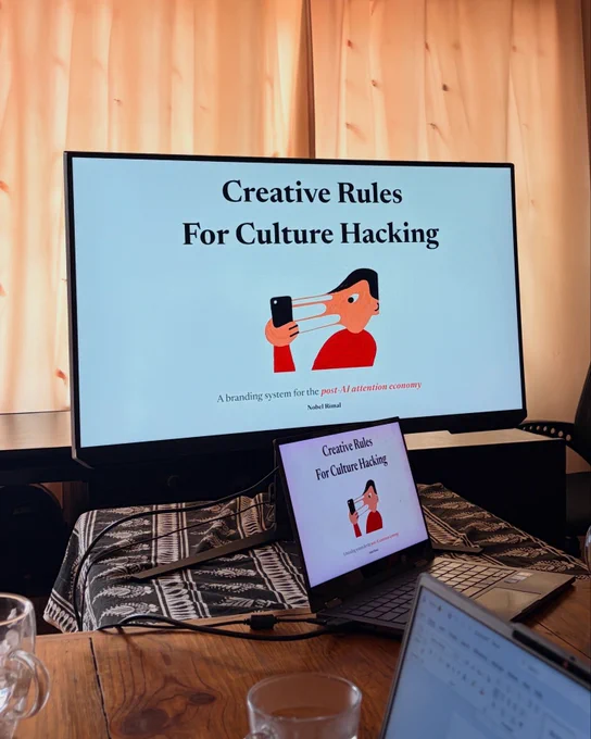 A monitor with the title Creative Rules for Culture Hacking against white background. There is an illustration of a person getting sucked inside the phone screen. There are curtains behind the monitor and a laptop in front of the monitor.