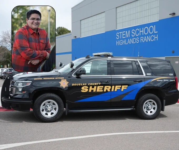STEM School Highlands Ranch, DCSO patrol car and Kendrick Castillo's photo. 