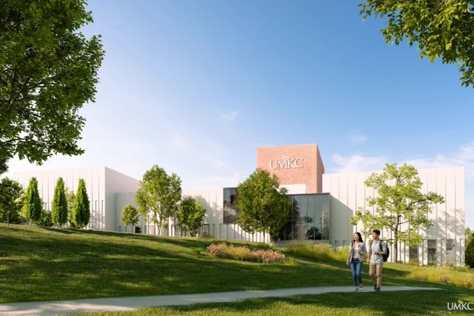 Concept rendering looking at new Conservatory expansion, a light, white building with brick accents.