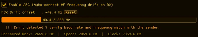 Auto Frequency Correction Tracking — Continuously tracks and compensates for carrier frequency drift between the transmitting and receiving radios. Ensures that the Goertzel DSP bins remain perfectly aligned with the incoming signal even if the radio's VFO drifts over time.