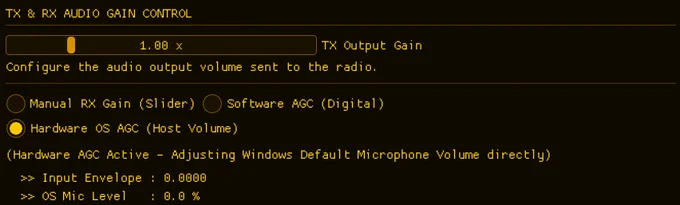 Bypasses the internal software AGC to utilize the operating system's hardware-level gain control. Prevents double-amplification distortion and allows direct control of the radio's audio input level without software interference.