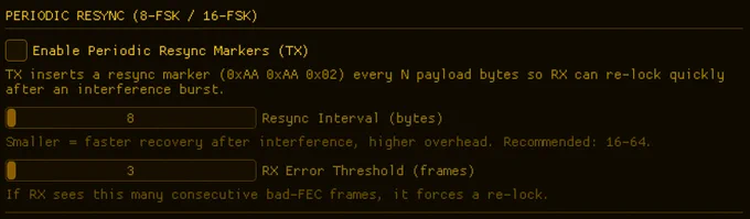 Mid-Stream Resynchronization — Automatically forces the frame decoder to drop its current lock and search for a new sync marker if consecutive Forward Error Correction (FEC) errors exceed a set threshold. Crucial for recovering data blocks in deep fading HF/VHF channels.