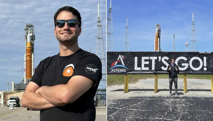A collage of two images: one of Michael Moussalli smiling outside with Artemis II on the launch pad, and another of Michael standing outside next to a banner that says "let's go" with the Artemis logo.