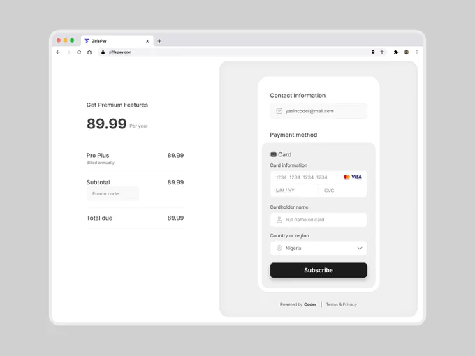 Modern and clean checkout experience designed for seamless online payments. This premium checkout page for Ziffal Pay was carefully crafted in Figma and fully developed with ReactJS to deliver a smooth, professional, and user-friendly payment flow.

The design focuses on simplicity, trust, and conversion featuring a minimal layout, soft neutral colors, clear pricing structure, responsive payment form, and polished UI elements that create a modern fintech experience. Every section was structured to improve readability and reduce friction during checkout, helping users complete payments faster and with confidence.