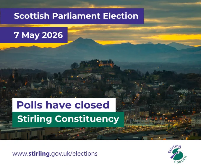 A graphic that says 'Polls have closed, 7 May 2026, Scottish Parliament Election', with the URL: www.stirling.gov.uk/elections