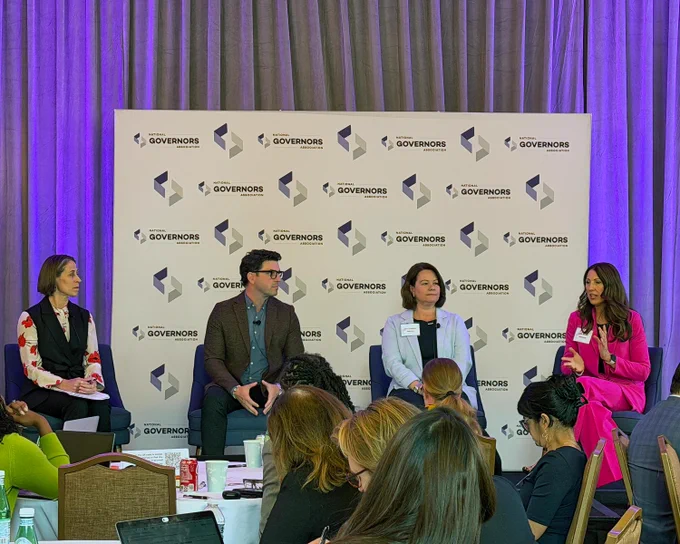 Tina Moore sits on the far right of the photo on stage at the National Governors Association event. Seated from left to right are Kate Tromble, vice president of federal policy at the Data Quality Campaign; Matt Berry, executive director of the Kentucky Center for Statistics; Lara Pastore, associate chief of talent development at the Indiana Department of Workforce Development; and Tina Moore, director of workforce development at the Arkansas Division of Higher Education.