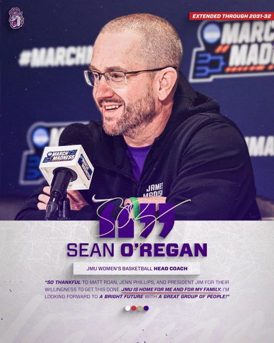 Quote graphic with Head Women's Basketball Coach Sean O'Regan thanking the administration on extending his contract through the 2031-32 season.