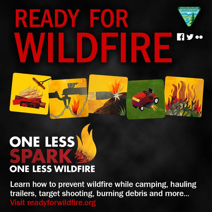 Graphic showing wildfire prevention steps including extinguishing campfires, securing chains, avoiding sparks, mowing grass, and controlling flames.