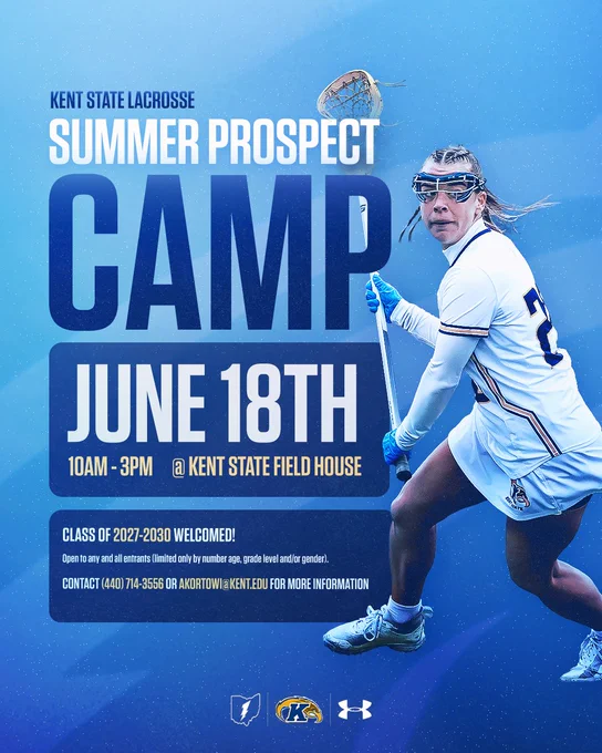 The image is a promotional poster for a Kent State Lacrosse Summer Prospect Camp. It features a lacrosse player in action. The text details the event on June 18th, from 10 AM to 3 PM at Kent State Field House. It invites the class of 2027-2030. Contact information is provided. The background is blue with Kent State logos.