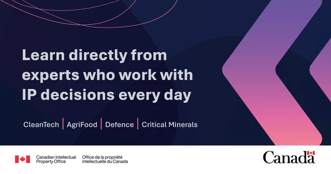 Promotional graphic for IP PRIME on a dark blue background with abstract pink and purple line graphics. Text: Learn directly from experts who work with IP decisions every day. CleanTech, AgriFood, Defence, Critical Minerals