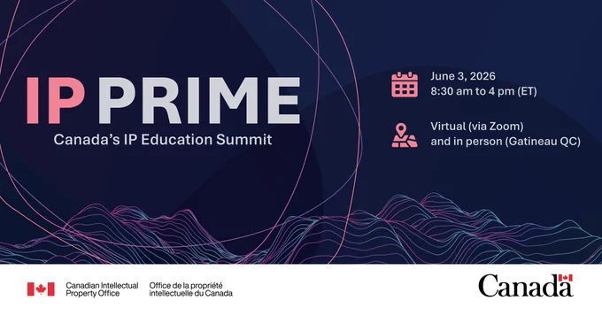 Promotional graphic for IP PRIME on a dark blue background with abstract pink and purple line graphics. Text: IP PRIME. Where IP stops being theory and becomes advantage. 