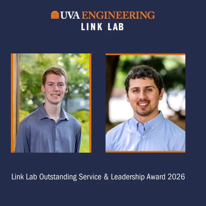 UVA Engineering Link Lab graphic with a dark blue background. Two framed professional headshots for Matthew Gunn and Nick Mohammad are shown side by side. Text reads “Link Lab Outstanding Service & Leadership Award 2026,” with UVA Engineering Link Lab branding at the top.
