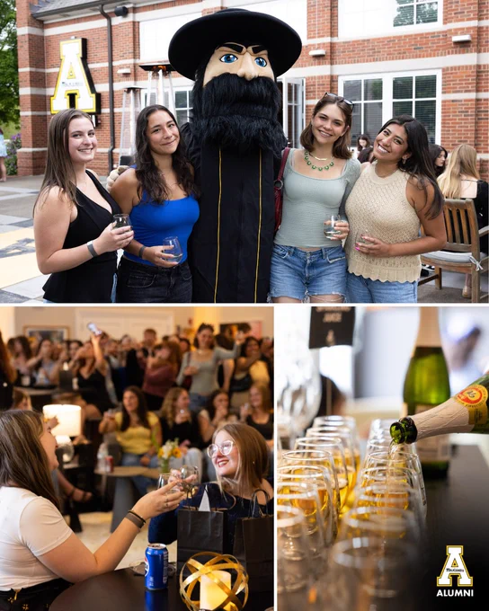 Four App State students pose with Yosef outside the McKinney Alumni Center during Cheers to ’Neers, holding drinks and smiling in front of the Alumni Center courtyard. Additional photos show graduates celebrating indoors during a toast and champagne being poured into glasses at the event.