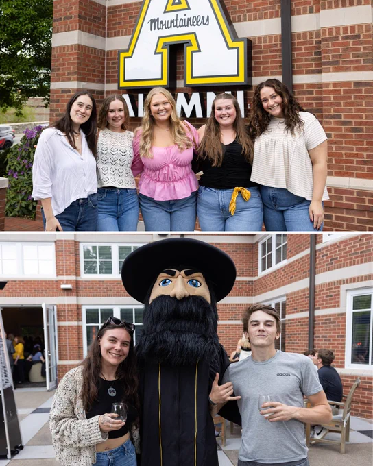 Five App State students pose in front of the large Alumni “A” sign outside the McKinney Alumni Center during Cheers to ’Neers. Another photo shows two students posing with Yosef in the Alumni Center courtyard while holding drinks during the graduation celebration.