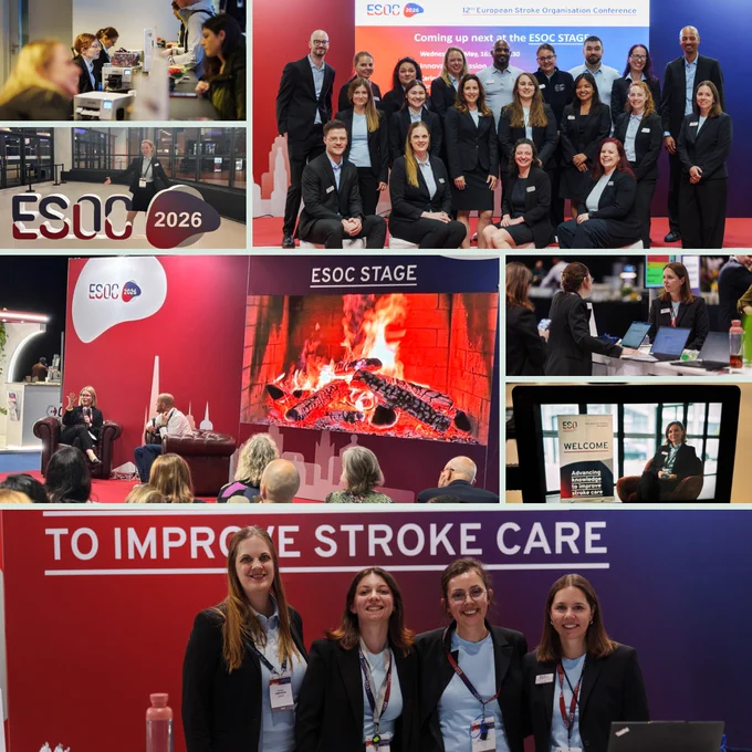 Photo collage from ESOC 2026 in Maastricht showing the Congrex team onsite, registration and welcome desk moments, ESOC stage sessions, event signage, and team members supporting the congress experience. The images highlight the people, service, and behind-the-scenes coordination contributing to the European Stroke Organisation Conference.