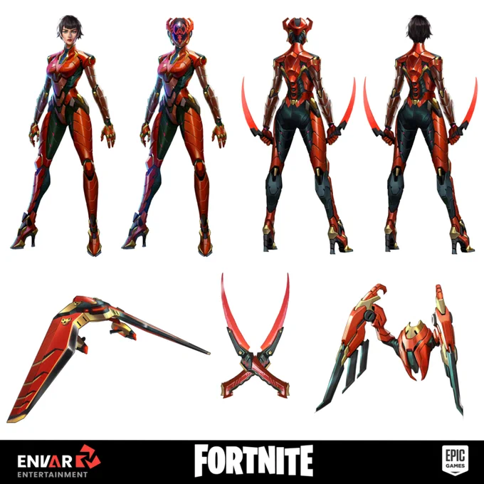 A detailed character design for Fortnite featuring a futuristic female warrior in orange armor with blades and accessories. The design is vibrant and dynamic, showcasing various angles and equipment.