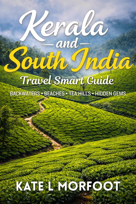 Kerala and South India Travel Smart Guide by Kate L Morfoot.  A fantastic guidebook for those travelling solo, couples or group travel. When Kate Morfoot journeys through Southern India, she discovers far more than beautiful landscapes. From the golden beaches of Kovalam and the dramatic cliffs of Varkala to the tranquil backwaters of Kumarakom and Alleppey, every stop reveals a new rhythm of life.
She wanders through the spice forests of Thekkady, the misty tea hills of Munnar, the colonial streets of Fort Kochi, and the vibrant coast from Chennai to the ancient stone temples of Mahabalipuram and the French-influenced charm of Puducherry.
The Rhythm of South India is a sensory journey through beaches, backwaters, temples, markets, and everyday life — a story of discovery, connection, and the quiet magic found in the world’s most unexpected places.
“The journey ahead would be measured not in miles, but in moments, fleeting, bright, and unforgettable.”
